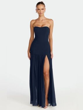 Showpo Strapless Navy Sweetheart Gown with High Slit